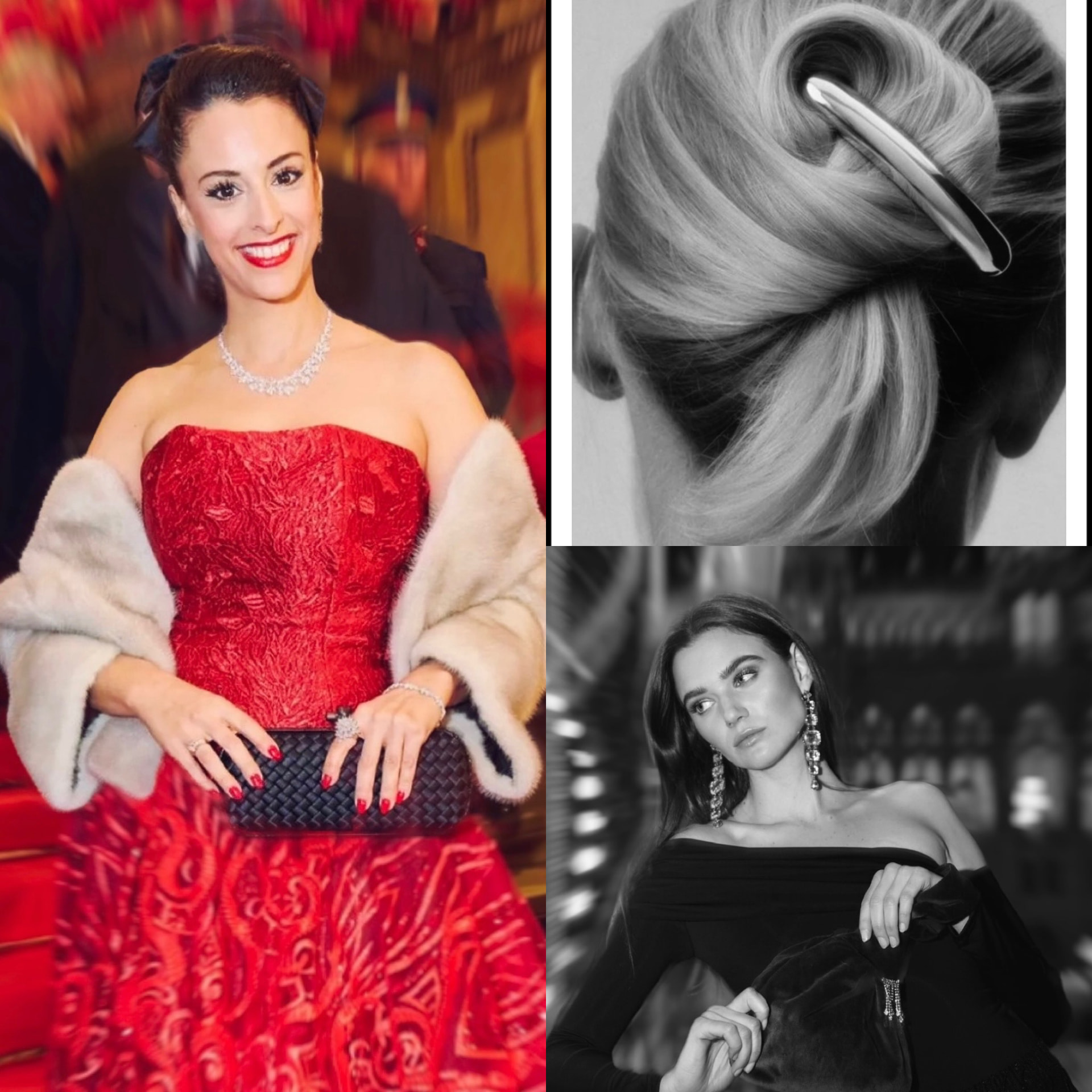 Opera Ball collage: a woman in a red evening gown with a stole, an updo with a hair accessory and three cosmetics bottles